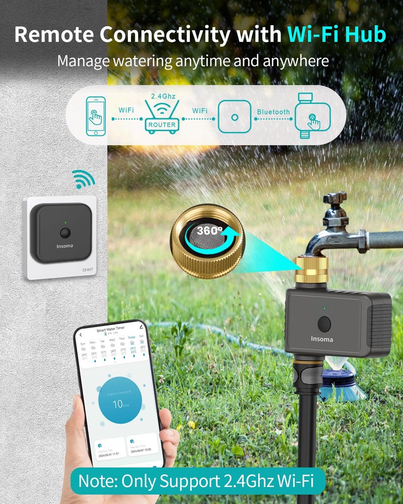 Insoma WiFi Hose Timer with Brass Inlet  Smart Water Timer 1 Zone  Sprinkler Timer w/WiFi hub for Remote Control via 2.4Ghz WiFi  Voice/App Controls with Alexa & Google Assistant  for Lawns Yards - Image 2